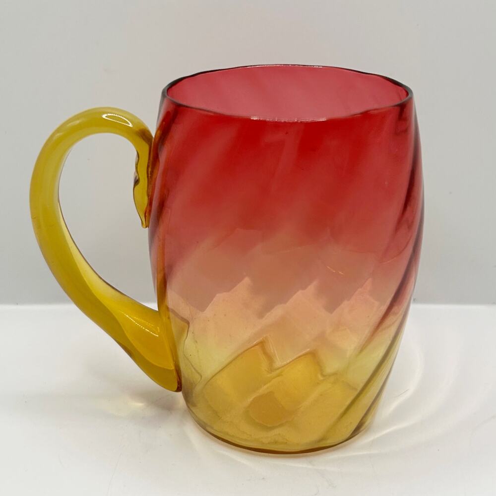 Antique Victorian Amberina Art Glass Spiral Swirl Optic Rib Handled Cup 1800s